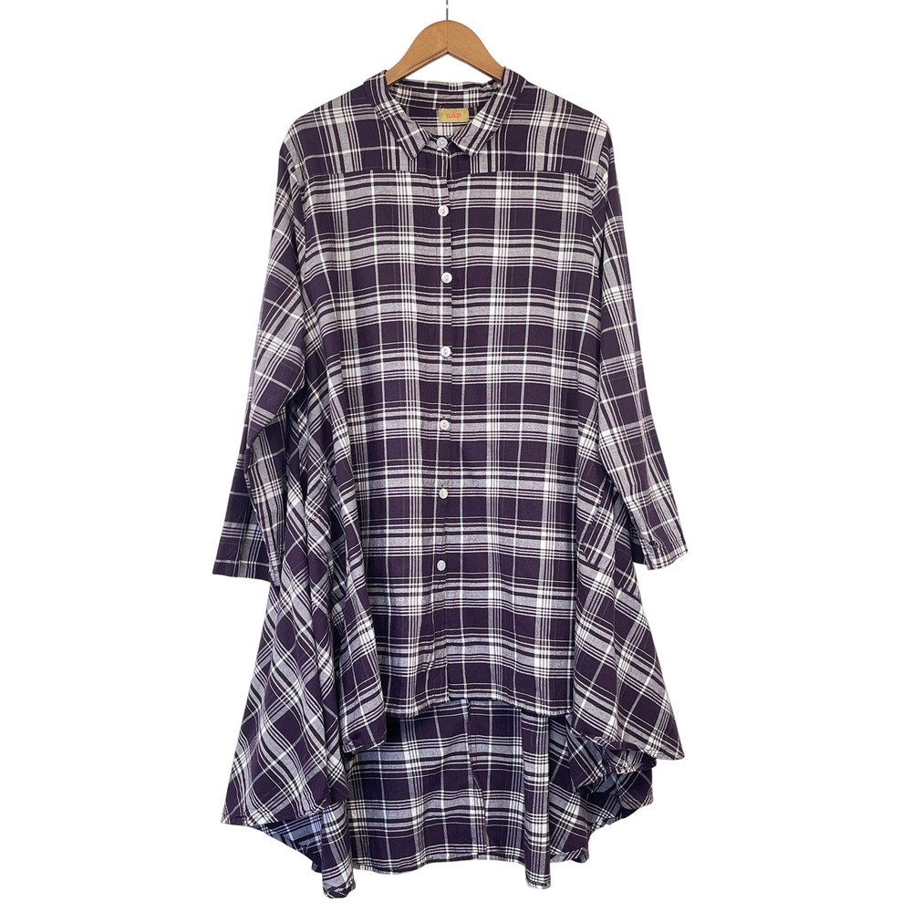Tulip Button Down Plaid Tunic Top L High Low Pocket Oversized Lagenlook Artsy